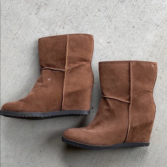SOLD Sugar Faux Suede Brown Adara Wedge Boots - Picture 2 of 8